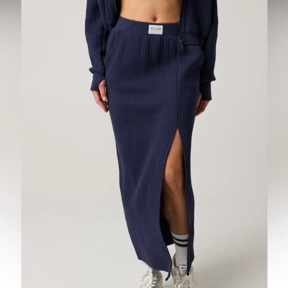Aerie Dresses & Skirts - Offline by Aerie COFFEE RUN MAXI SKIRT L Navy Blue Quilted Knit Front Slit NEW